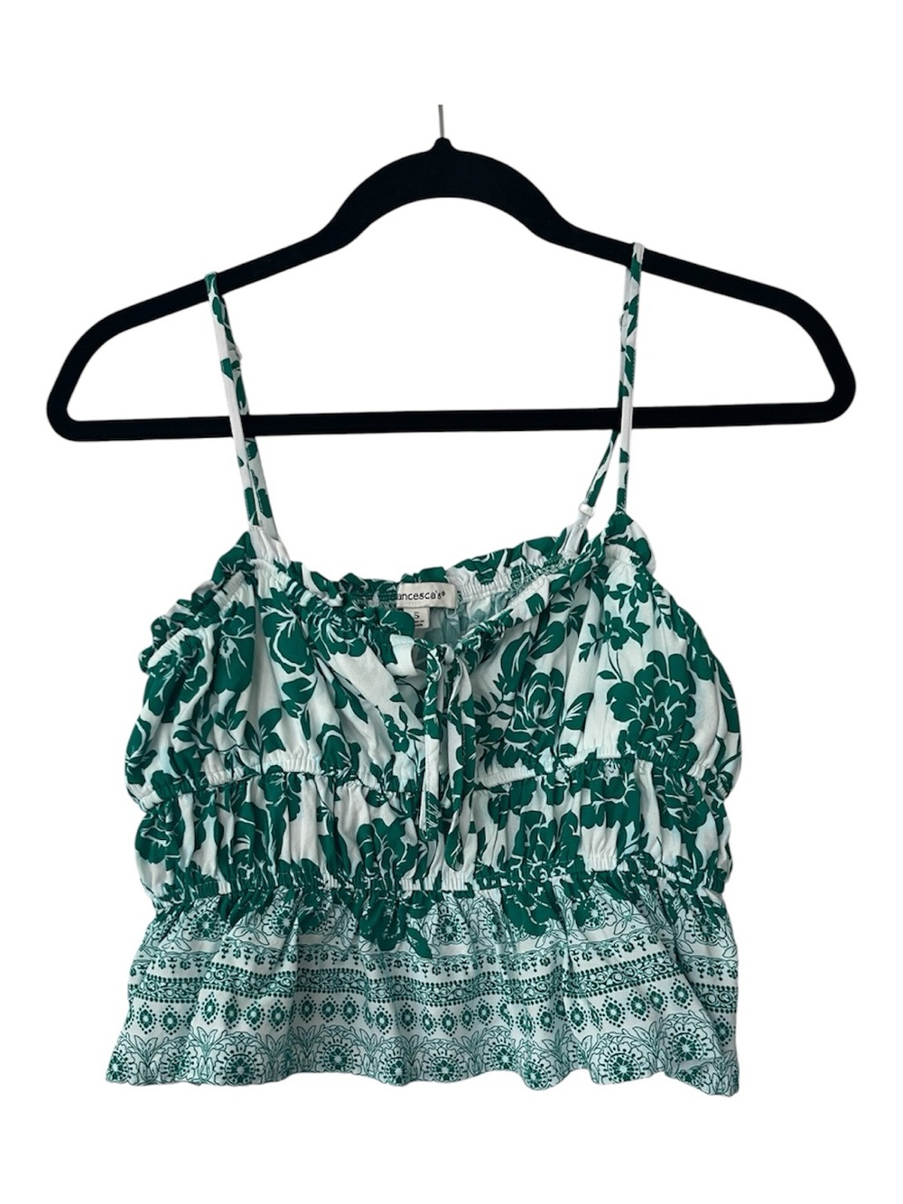 Francesca's Green /White Floral Smocked Camisole blouse top spaghetti strap sz S